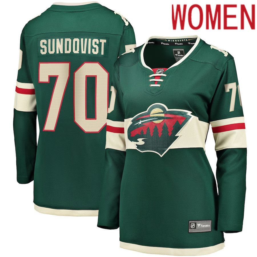Women Minnesota Wild 70 Oskar Sundqvist Fanatics Branded Green Home Breakaway NHL Jersey